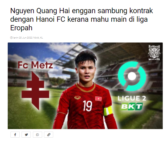 Báo Malaysia coi Quang Hải là tấm gương cho các cầu thủ Đông Nam Á 