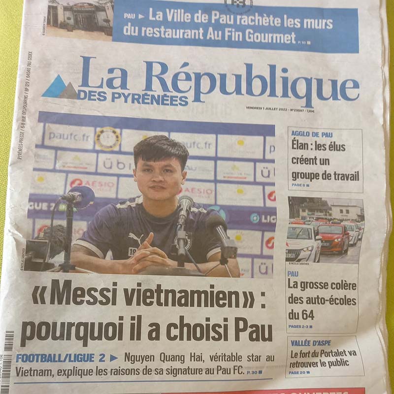 Quang Hải lên trang nhất của một tờ báo Pháp